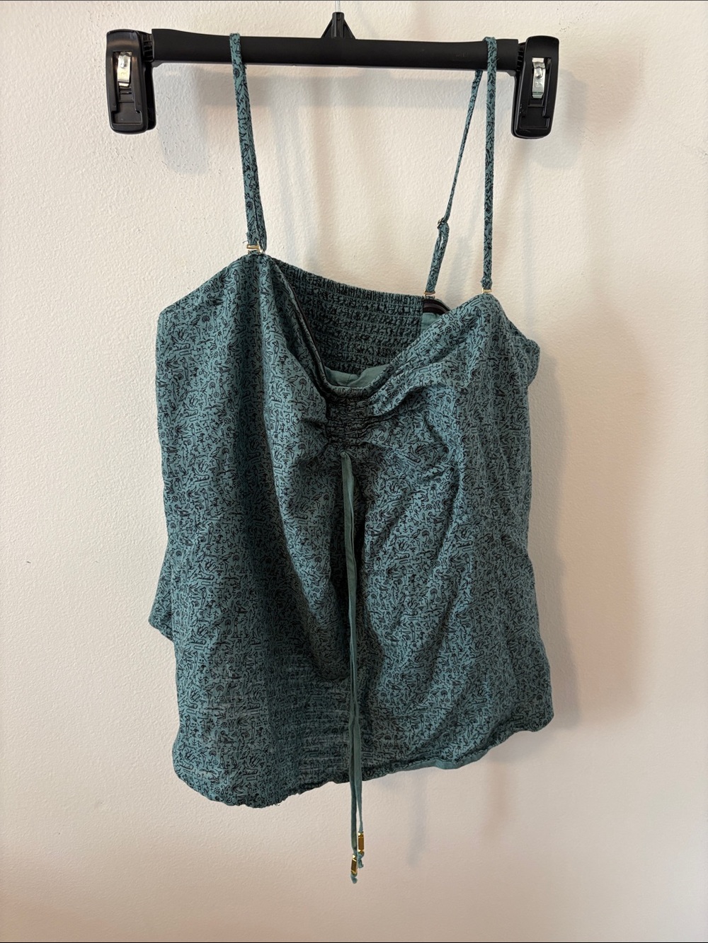 Maeve Teal Smocked Tie-Front Camisole with Ancient Egyptian motif